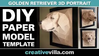 Golden Retriever Dog 3D Portrait Wall Sculpture DIY Low Poly Paper Model Template, Paper Craft