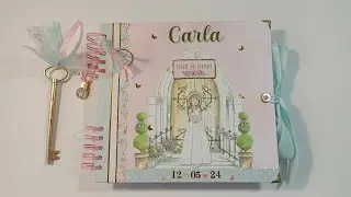 Libro de firmas, marco de fotos y letras decoradas para Carla