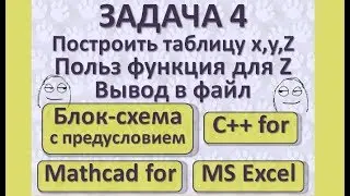 Задача4 Бл-сх с предусл, Прогр С++ for, Mathcad for, EXCEL Таблица x,y,Z Польз функция, вывод в файл
