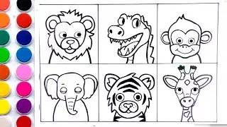 How to draw and paint Zoo Animals- Lion Tiger Monkey and others- Glitter Art for kids