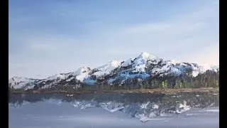 Acrylic.Reflections and Snow on the mountains.