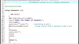 Fibonacci series in C++ without Recursion., 