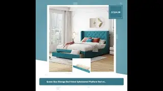 Queen Size Storage Bed Velvet Upholstered Platform Bed with Wingback Headboard and a Big Drawer (...