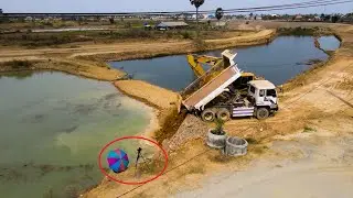 Pouring Soil Completed Deep Water To Build Long Canal With Super Dumper And Excavator Clearing