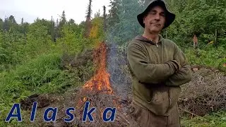 Rainy Alaskan Day: Father and Son Burn Brush at Remote Property