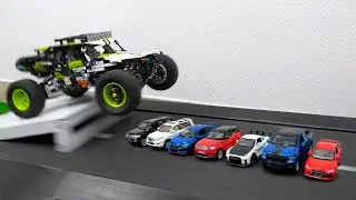 Lego Car Jump over small cars vs Ramps on a treadmill