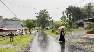 Walking In Winter Rainfall | Romantic and Very Serene Rain Splashes in the Village | Indonesia