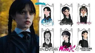 Рисую УЭНСДЭЙ в 10 стилях по сериалу WEDNESDAY Тима Бертона