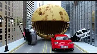 Giant Robot Pacman enters the city and smashes cars..