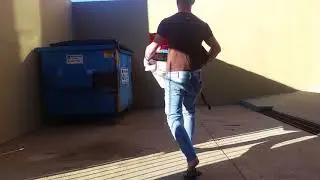 Taking out the recycling, thong showing