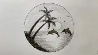 beautiful sunset Drawing of beach with dolphins 😍 Drawing tutorial step by step for beginners
