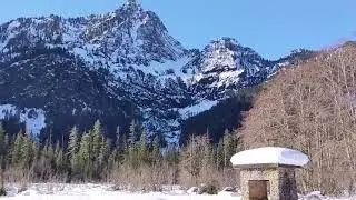 Winter view of Big Four from the Ice Caves parking lot under snow