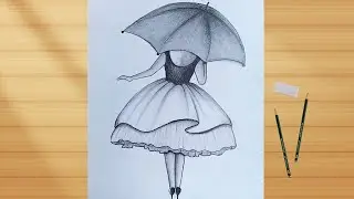 How To Draw A Girl With Umbrella - Easy Pencil Sketch Drawing Tutorial