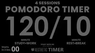 DARK Mode, Pomodoro 120/10 Study Timer, 4 Sets, 120 Minute Study Timer, Gentle Alarm, No Music
