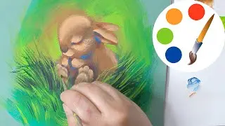Paint a sleeping rabbit in the grass; paint with the flat angle brush