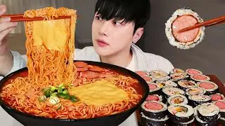 5 packets of spicy instant noodles and gimbap rice roll mukbang (ft. picnic with friends)