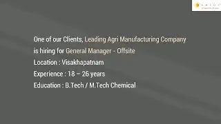 General Manager | Plant Operations | Ammonia Plant Operations | Plant Head | Manager Jobs