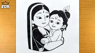 How to Draw Little Krishna with Maa Yashoda || Krishna and Yashoda Drawing for beginners