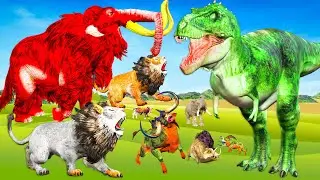 Giant Lions vs Giant Dinosaur Fight Cow Cartoon Rescue Saved  Woolly Mammoth Choose Bottle side game