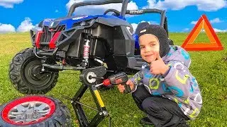 The Wheel fell off the car Kid riding a toy car and toy repairs