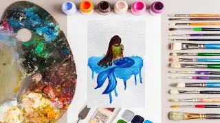 Watercolor Mermaid Painting Process | mermaid with long hair painting watercolor