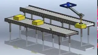 Solidworks Motion study: Pick and Place Robot Moving Items on Roller Conveyors