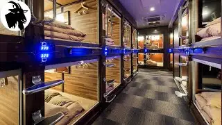Capsule hotel with too many free toiletries.🍚🥚🍷🍺