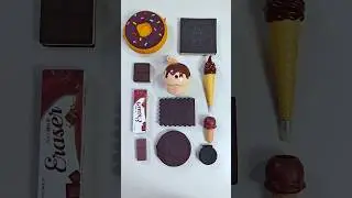 fancy chocolate stationery items- pencil sharpener, money bag, eraser, funny pen, #craft #stationery