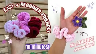 EASY crochet tutorial 🎀 FLUFFY SCRUNCHIE 🌸 in just 10 mins! (Great for beginners) #crochettutorial