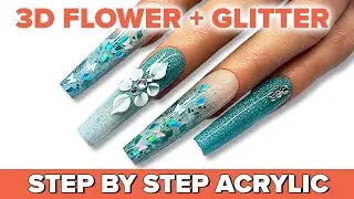 XL Teal Acrylic Nail Design | Encapsulated Glitter | 3D Flower | Cute GLAM Nail Art ✨