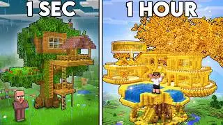 1 SECOND VS 1 HOUR TREEHOUSE BUILD BATTLE IN MINECRAFT!!
