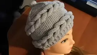 Шапка с объемными косами спицами и крючком. 1Часть.