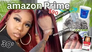 👀OKAYYYY AMAZON! I BLEACHED A $90 AMAZON 30 INCH WIG RED || HOW TO REMOVE STAINS OFF LACE || XECTVVE