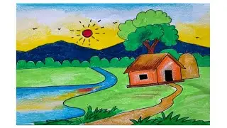 BEAUTIFUL OIL PASTEL SCENERY/oil pastel landscape village scenery drawing/Natural scenery drawing