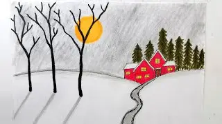 easy winter landscape drawing| the most amazing winter sunset landscape painting I drew in 4 minutes