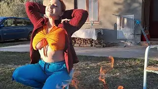 I make a fire. I make a lot of charcoal for grilling fish. Cooking show.  Mila naturist. Kitchen.