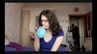 Galina with a big blue balloon