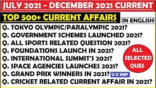 Current Affairs June - December 2021 | Current Affairs 2021 | Last 6 month Current Affairs 2021