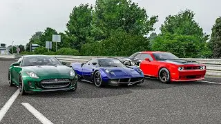 Forza 7 Drag race: Dodge Demon (1050hp) vs F&F Jaguar F-Type R (800hp) vs Pagani Huayra