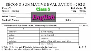 Class 5 English Second summative Evaluation 2023 Question & Answer / Class 5 2nd Unit Test Q & A