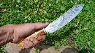 кухонный нож"сантоку" из шх 15 с травлением рисунка\Santoku knife with etching pattern.三徳包丁とパターン