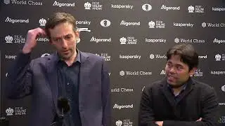 Hikaru Nakamura and Alexander Grischuk after Round 3 of the FIDE Grand Prix 2022 in Berlin