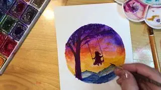 ЗАКАТ ( вариант с девочкой на качели). Рисование для детей и взрослых. Простые рисунки