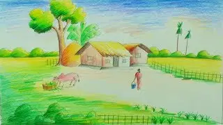 Draw a Village Scene & Colorful House - Village Scenery Drawing - Simple Pencil Drawing