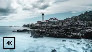 Ocean Waves and Seascape at Portland Head Lighthouse at Sunset (Sounds for Sleep) 4k ASMR