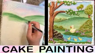 Adorable Mother Duck and Ducklings Cake Painting. How to Create a Spring Scene with Frosting! Yummy