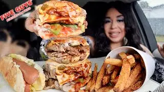 ASMR MUKBANG FIVE GUYS DOUBLE CHEESEBURGERS, CAJUN FRIES, CHEESE HOT DOG *rain sounds* #asmr