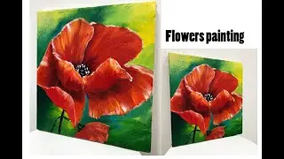 How to draw easy flowers painting /Poppy\Demonstration /Acrylic Technique on canvas by Julia Kotenko