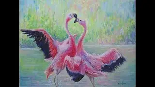 Dance of Love Pink Flamingo Oil Painting