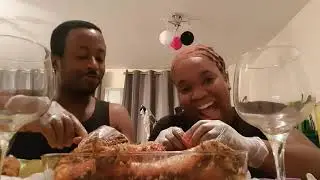 Seafood Mukbang with husband catching jokes + review HotNJuicy Shrimp LDN || The Real Heavenly Bites